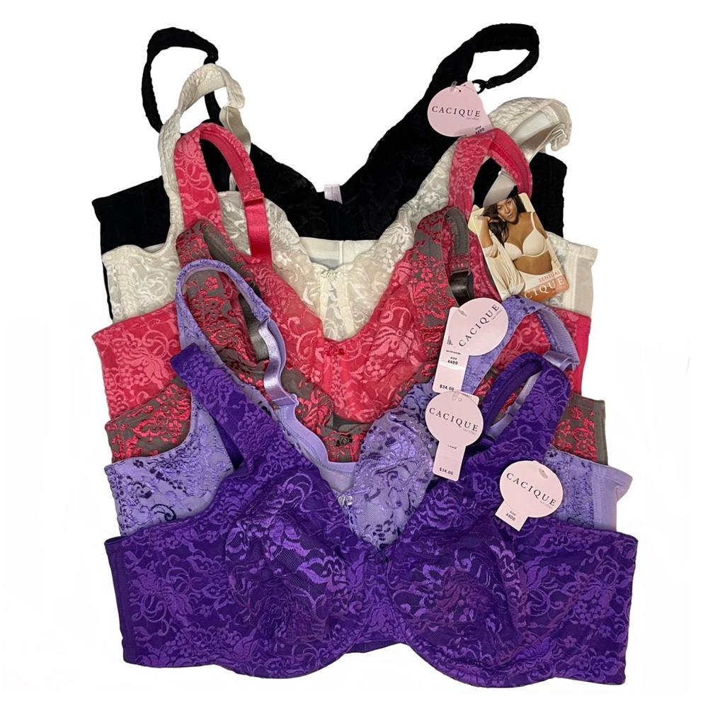 Lot of 6 Cacique Lace 44DD Bras New w/ Tags Black White Red Pink Purple Lavender